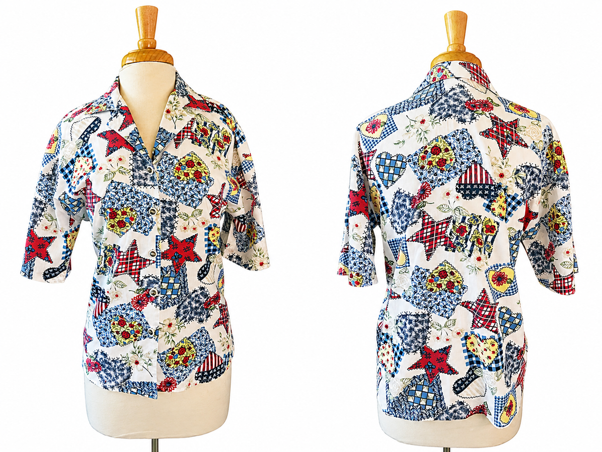 Vintage 1980s Cabrais Patchwork Quilt Print Shirt Blouse Cottage Americana Floral