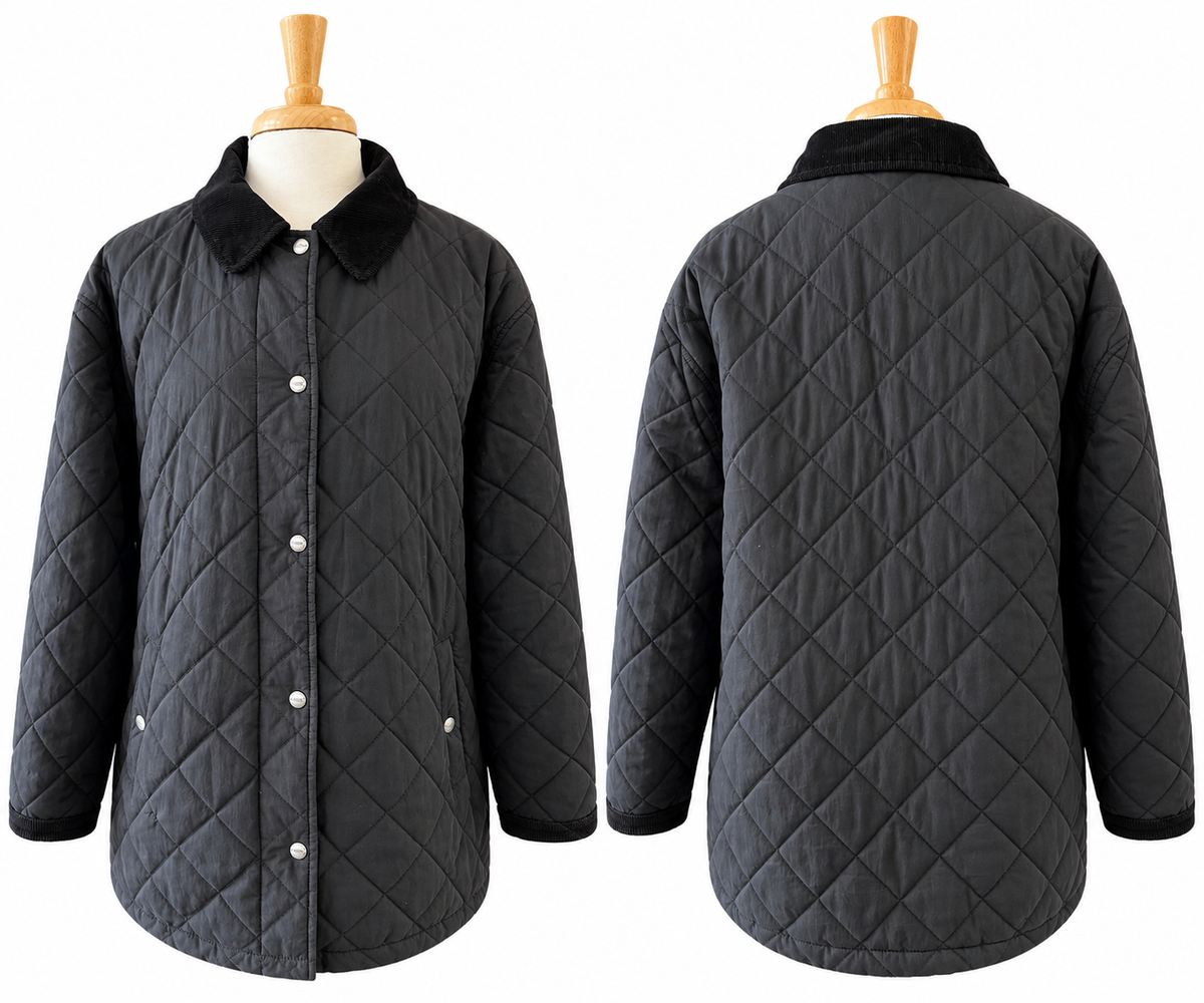 Vintage Y2K L.L. Bean Quilted Barn Coat Black Corduroy Collar Women's XL
