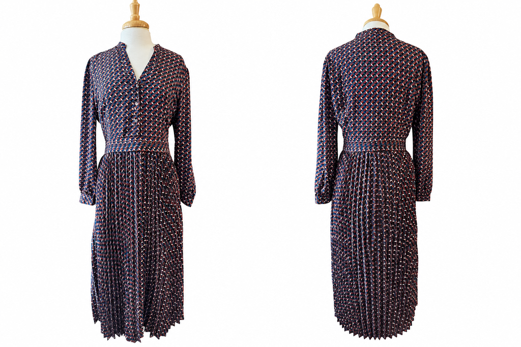 Untuckit Gia Dress Women's Geometric Pleated Midi Long Sleeve V Neck Fall