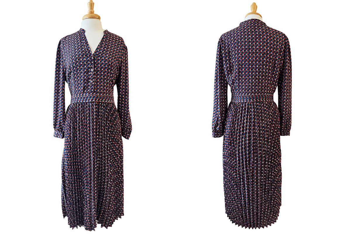 Untuckit Gia Dress Women's Geometric Pleated Midi Long Sleeve V Neck Fall