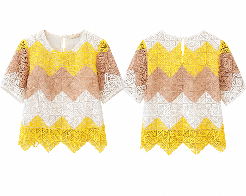 Gilli Women's Small Geometric Lace Top Yellow White Tan Sheer Short Sleeve