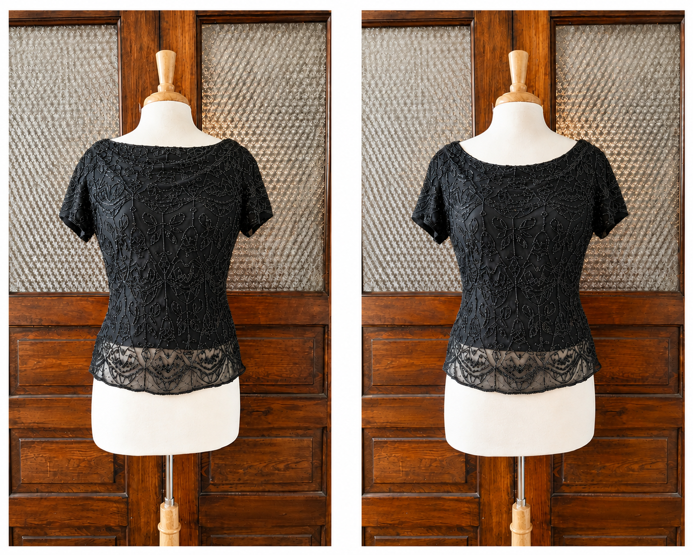 Vintage Paradise NY 100% Silk Beaded Top Black Sheer Evening Blouse Women's M