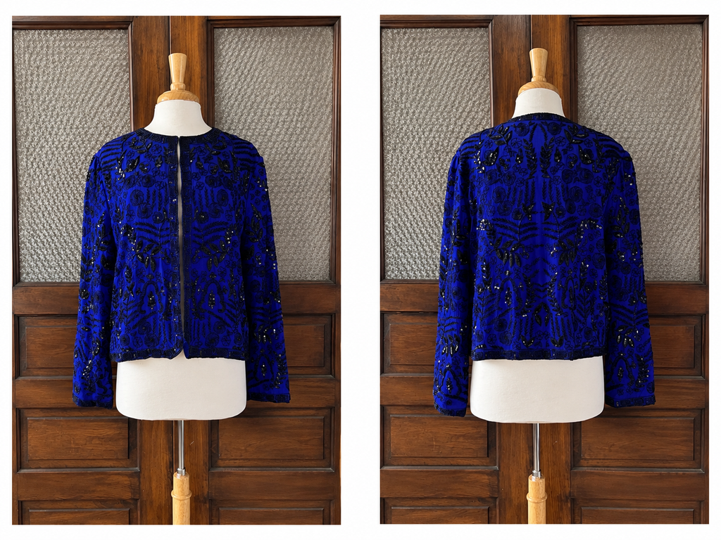 Vintage Scala Silk Beaded Sequin Jacket Blue Black Evening Part Art Deco M