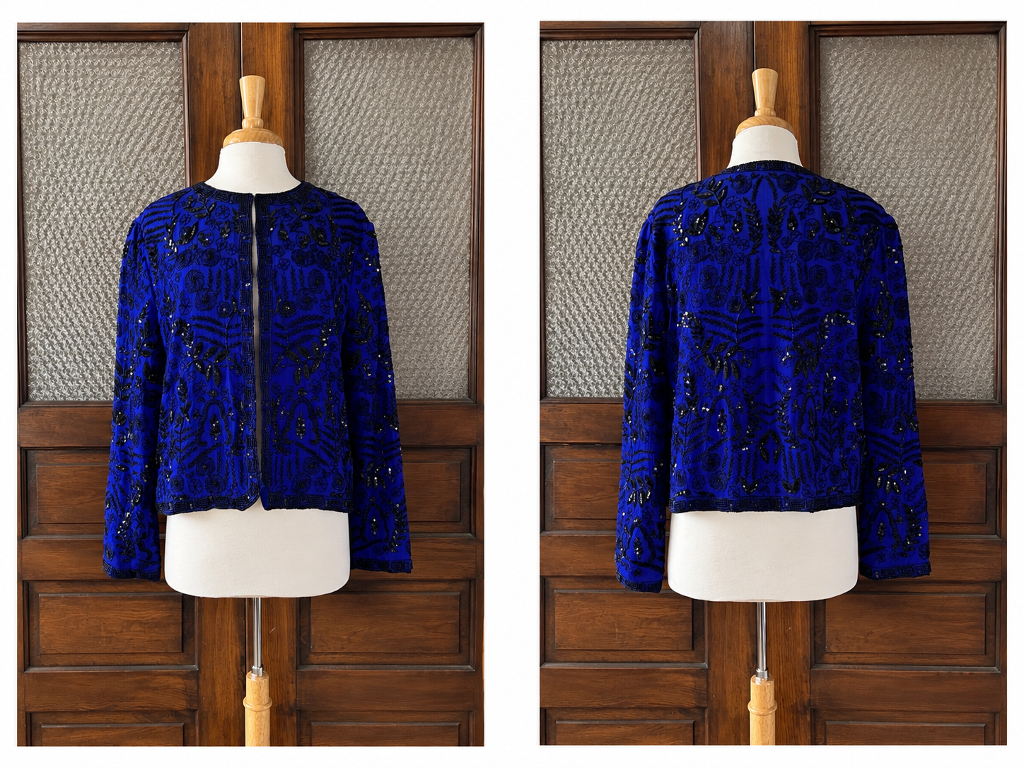 Vintage Scala Silk Beaded Sequin Jacket Blue Black Evening Part Art Deco M