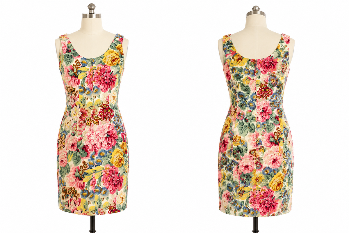 Vintage Misty Lane Floral Cotton Sheath Dress Size 7/8 Made in USA
