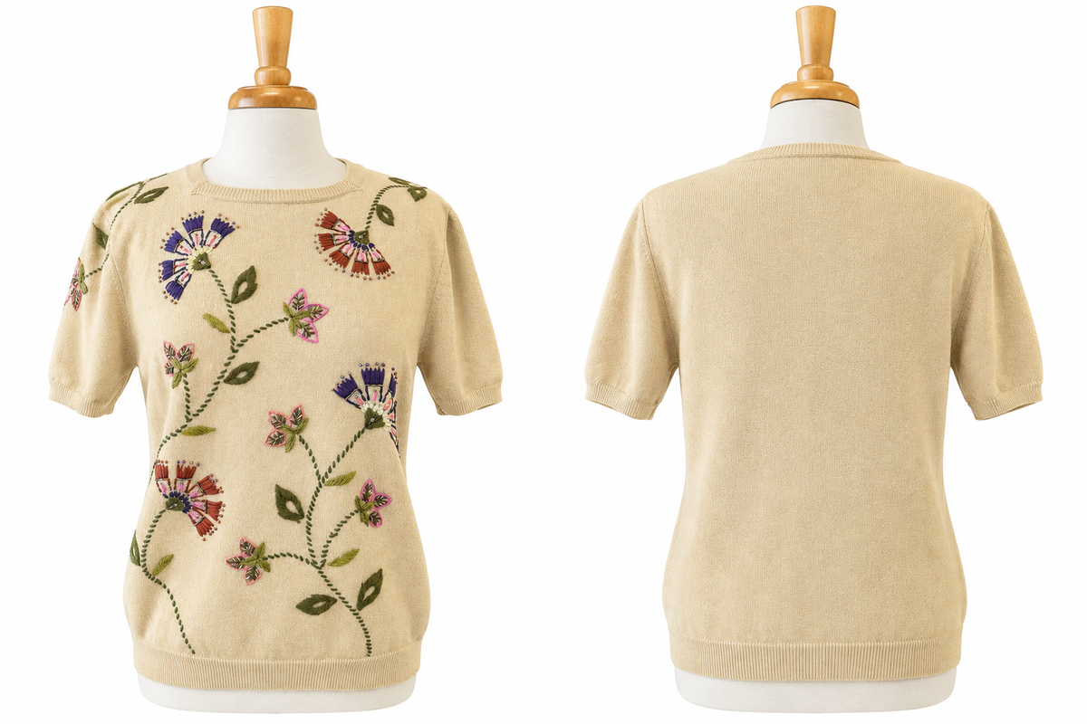 Vintage Alfred Dunner Embroidered Floral Beaded Sweater Top Size M Ramie Cotton