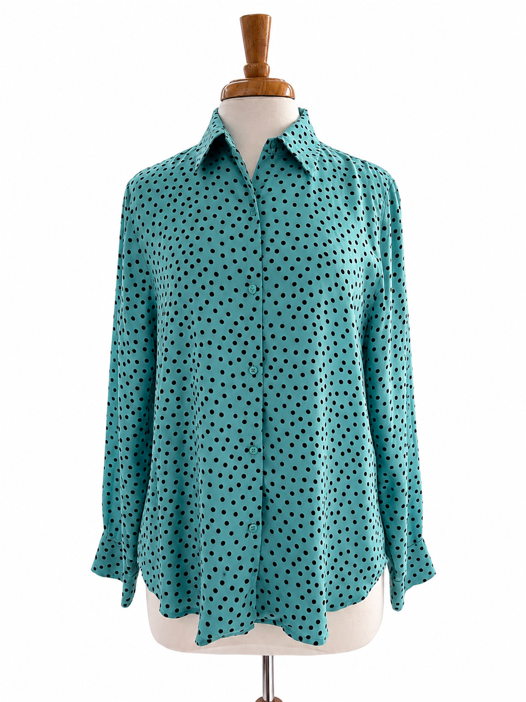 Jones New York Signature 100% Silk Blouse Women's Large Teal Polka Dot Blouse