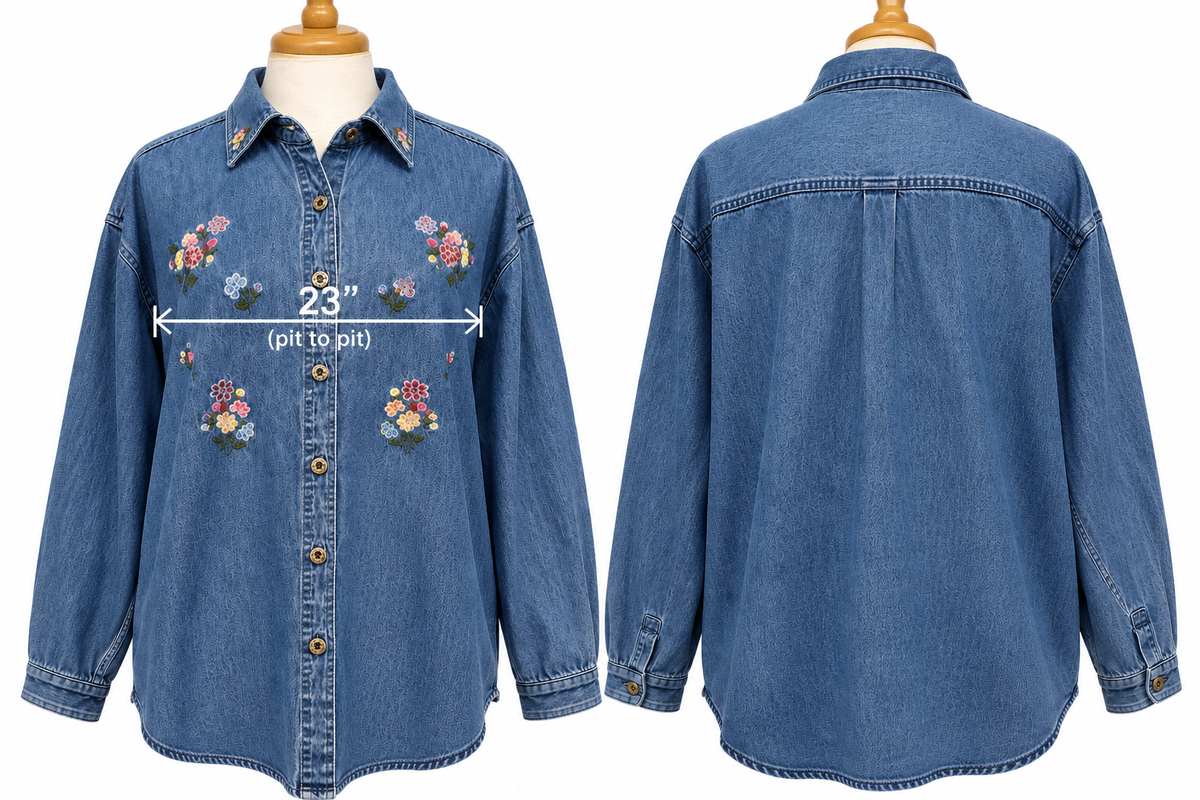 Vintage 90s Premier International Floral Embroidered Denim Shirt XL