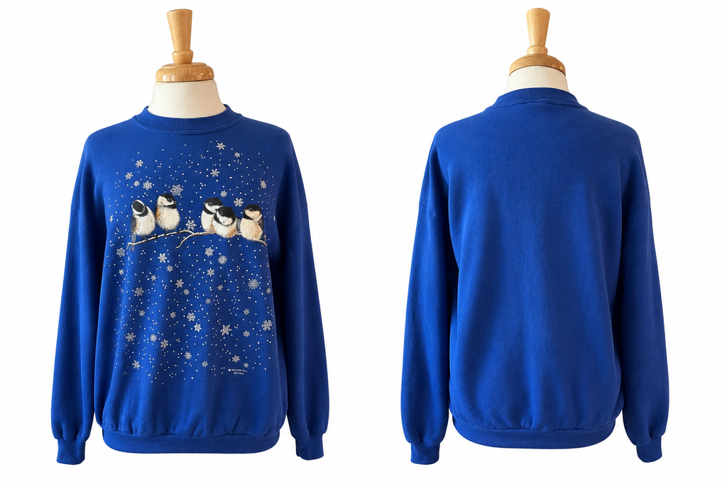 VIntage 90s Coldwater Creek Chickadee Bird Sweatshirt USA Made Blue XL