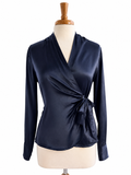 The Limited 100% Silk Wrap Blouse Women's Small Navy Long Sleeve Tie Front Top