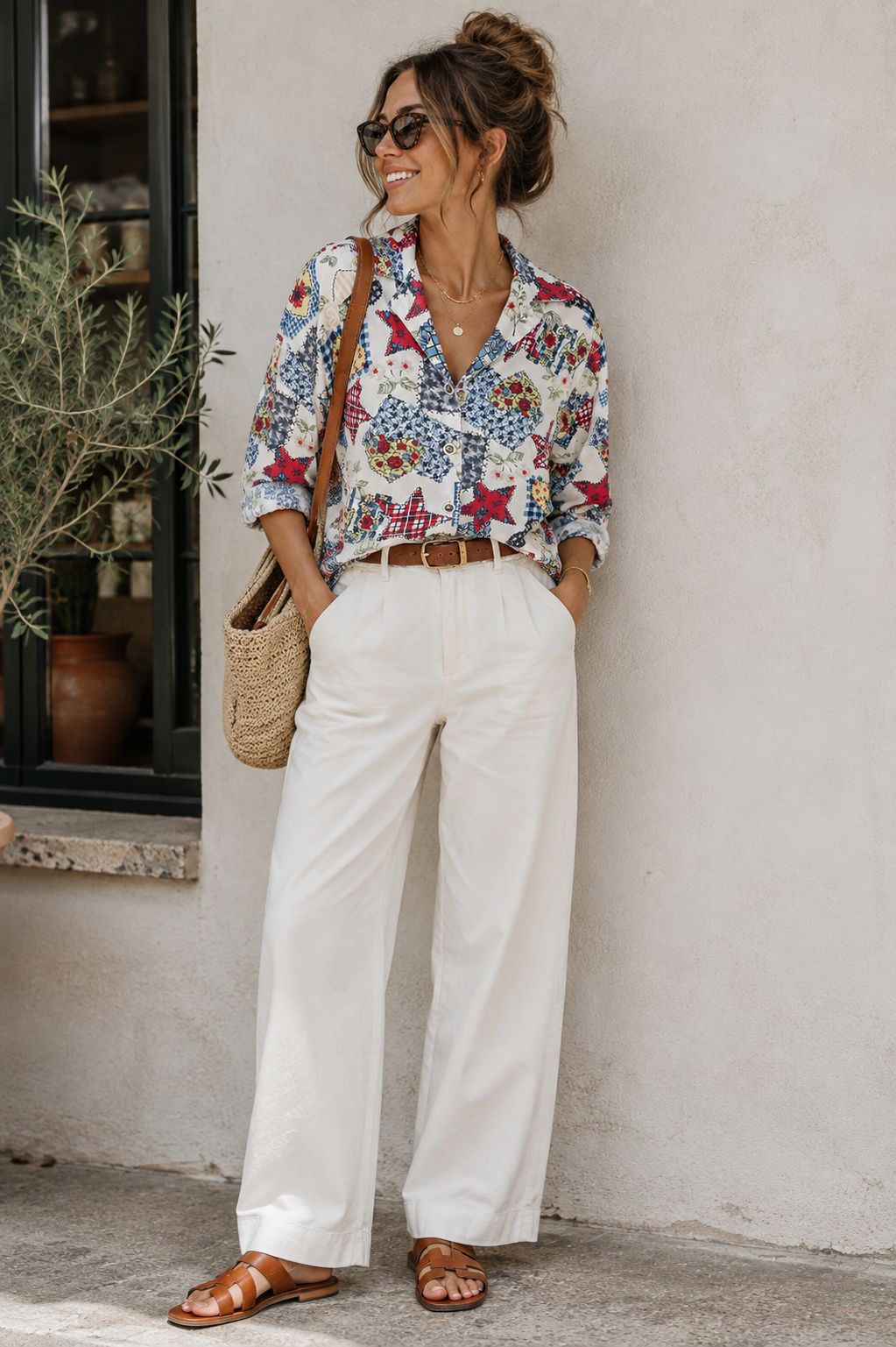 Vintage 1980s Cabrais Patchwork Quilt Print Shirt Blouse Cottage Americana Floral
