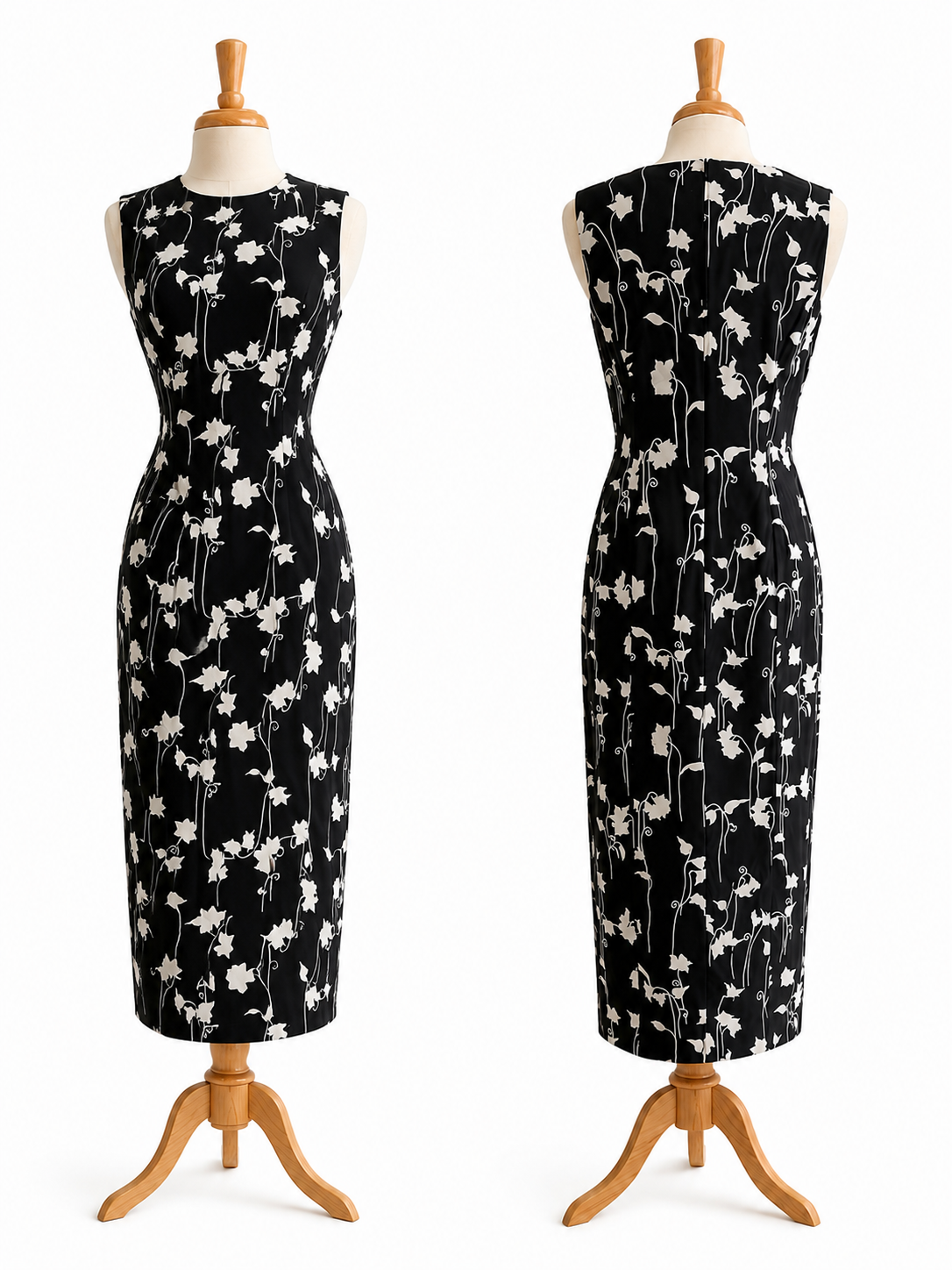 Vintage 1990s Patrick Collection 100% Silk Black & White Floral Sheath Dress