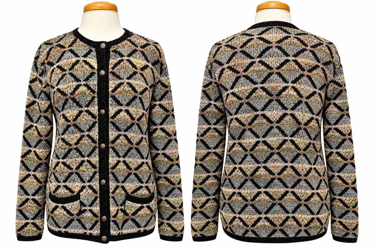 Vintage 90s South Cotton Hand Knit Cardigan M L Geometric Art to Wear Heavy