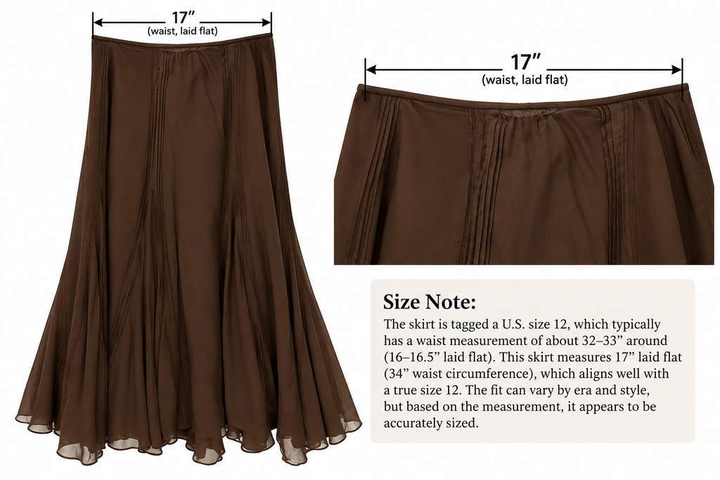 Vintage Lauren Ralph Lauren Brown 100% Silk Flared Maxi Skirt Size 12