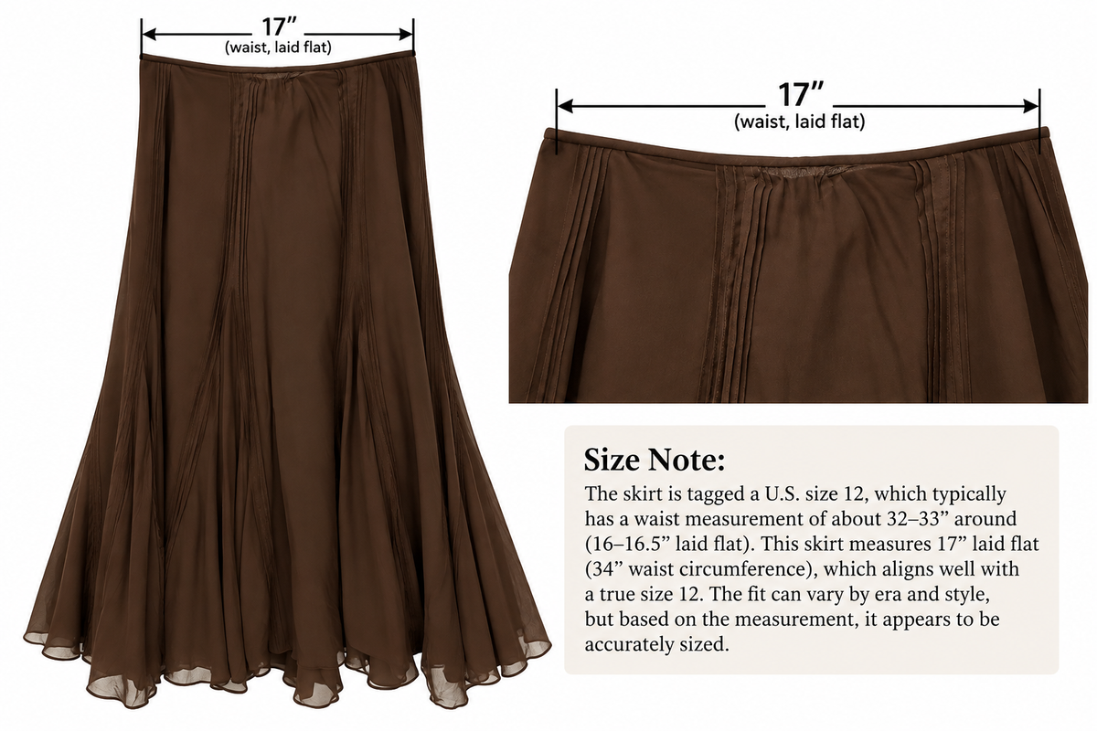 Vintage Lauren Ralph Lauren Brown 100% Silk Flared Maxi Skirt Size 12