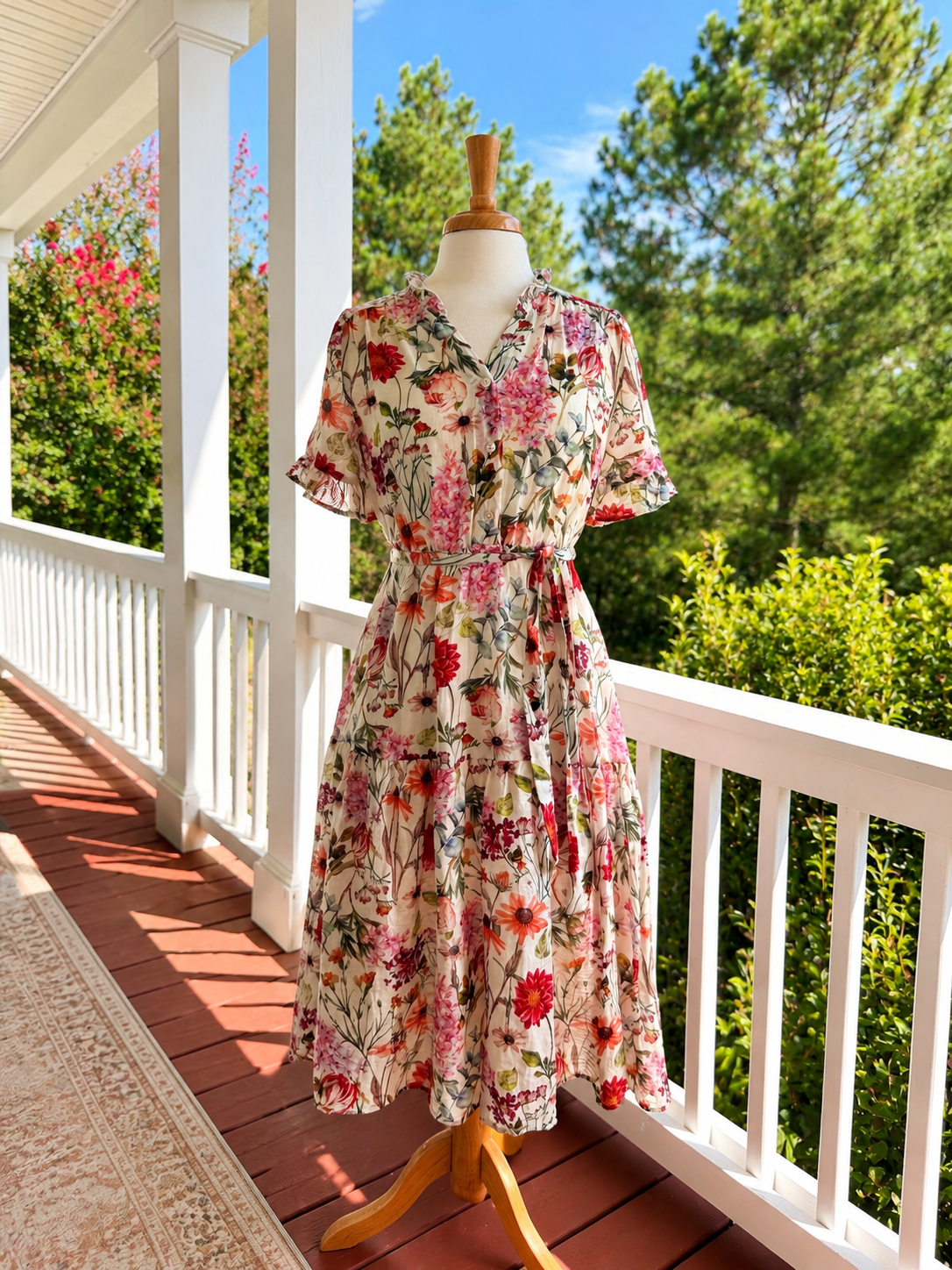 Stitch by Chenault Floral Tie-Waist Midi Dress