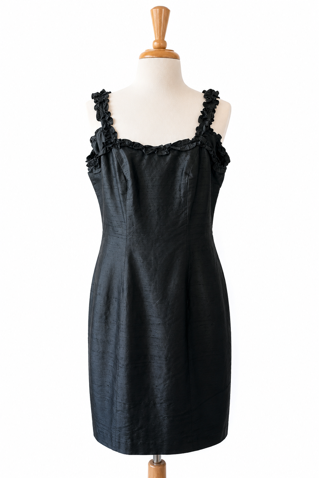 Vintage Geometrie 100% Silk Black Dress Size 4 Ruffle Straps Y2K Cocktail