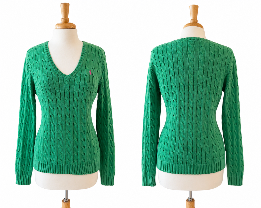 Ralph Lauren Sport XL Green Cable Knit Sweater Pink Pony 100% Cotton V Neck
