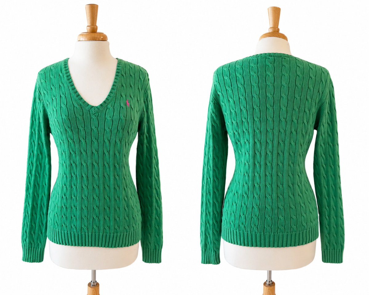Ralph Lauren Sport XL Green Cable Knit Sweater Pink Pony 100% Cotton V Neck