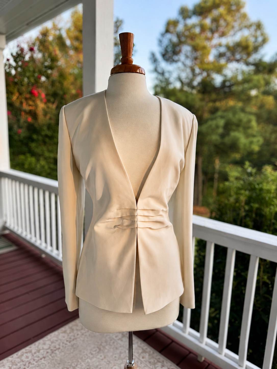 Bloomingdales 100% Silk Ivory Blazer Ruched Waist Open Front