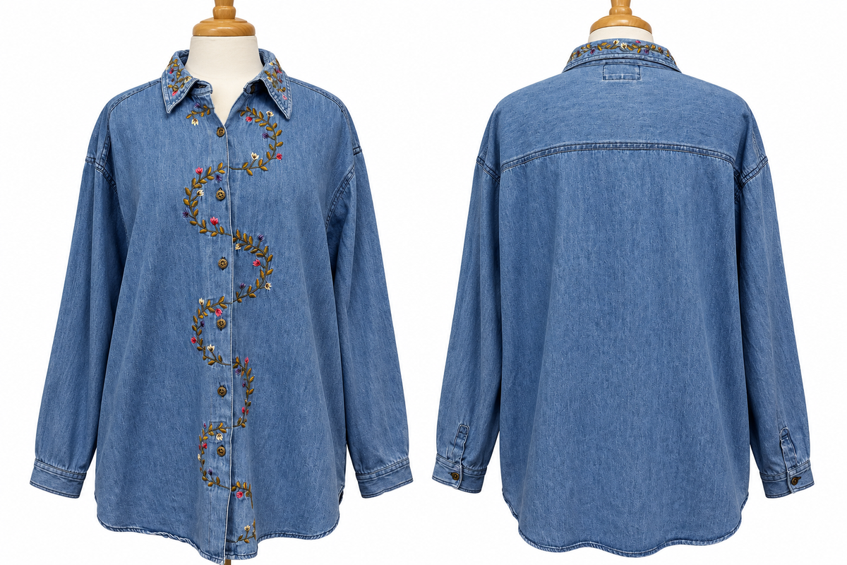 Vintage 1990s Talk of America Embroidered Denim Shirt Women's 22 Floral