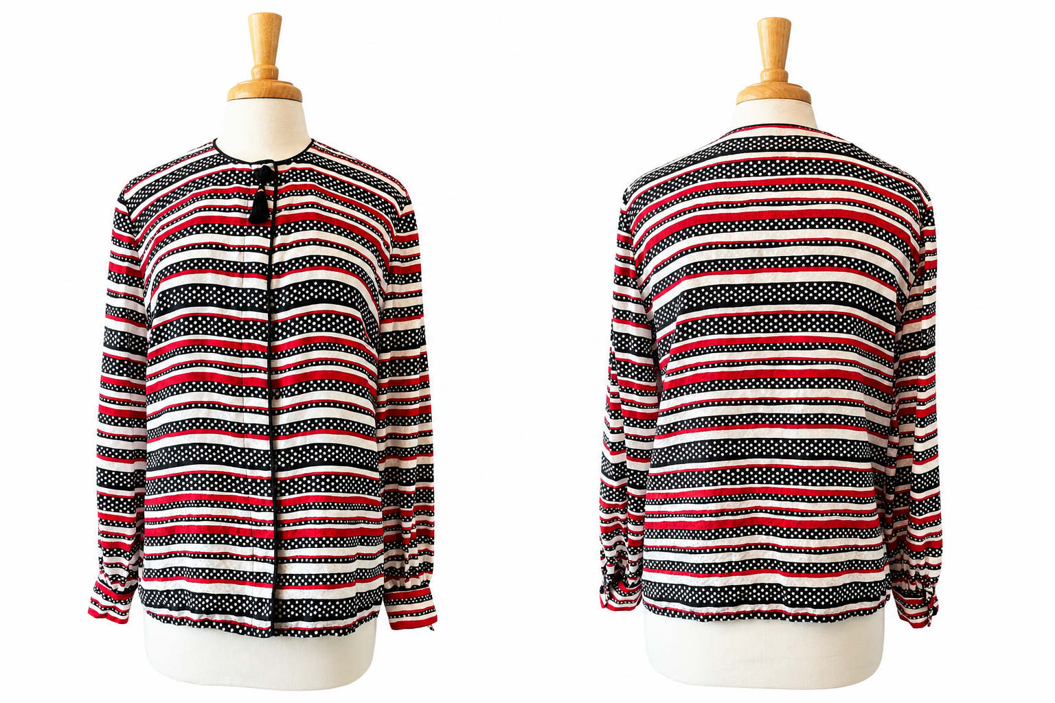 Vintage Maggy London 100% Silk Blouse Jacket Size 8 Striped Polka Dot Tassel