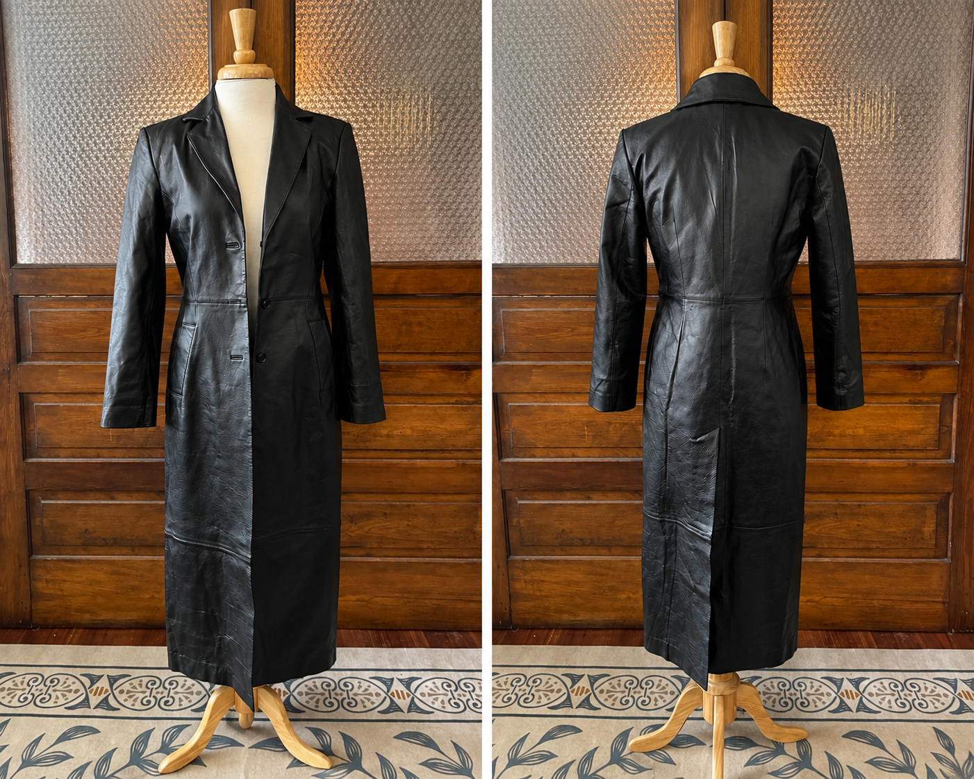 Vintage Newport News Genuine Leather Full Length Trench Coat Black 1990s