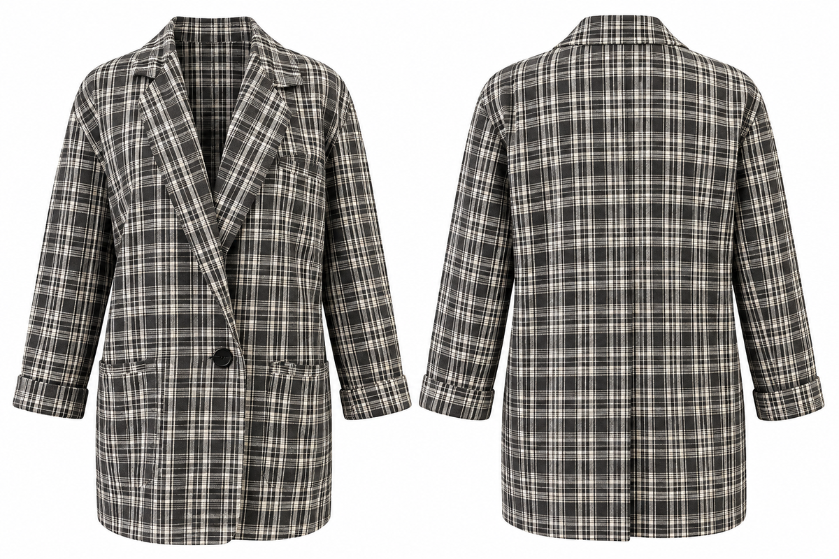 Vintage Lauren Brook Black & White Plaid Ramie Cotton Blazer Jacket Size M
