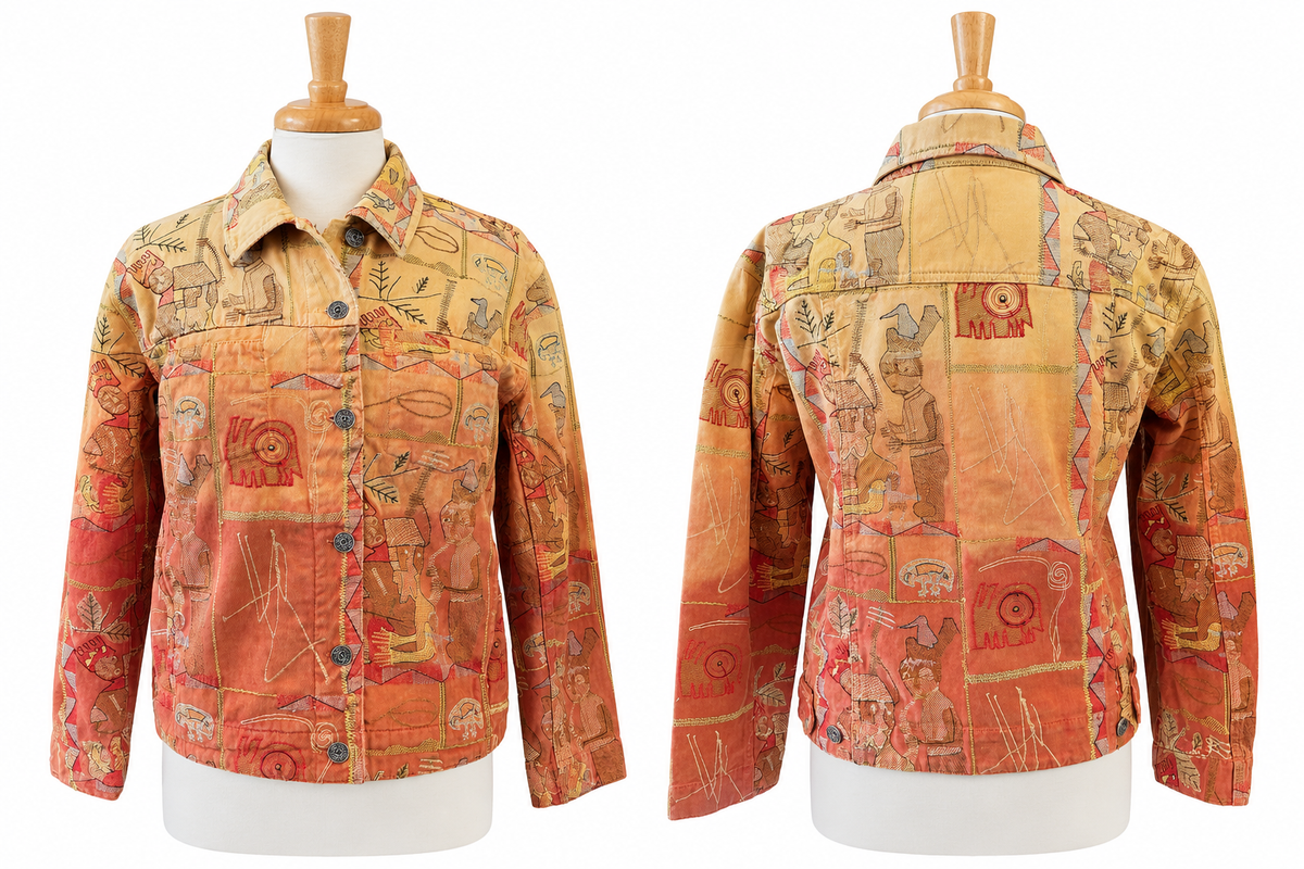 Vintage Chico's Design Embroidered Patchwork Cotton Jacket  (Chico' size 1) Southwestern Boho