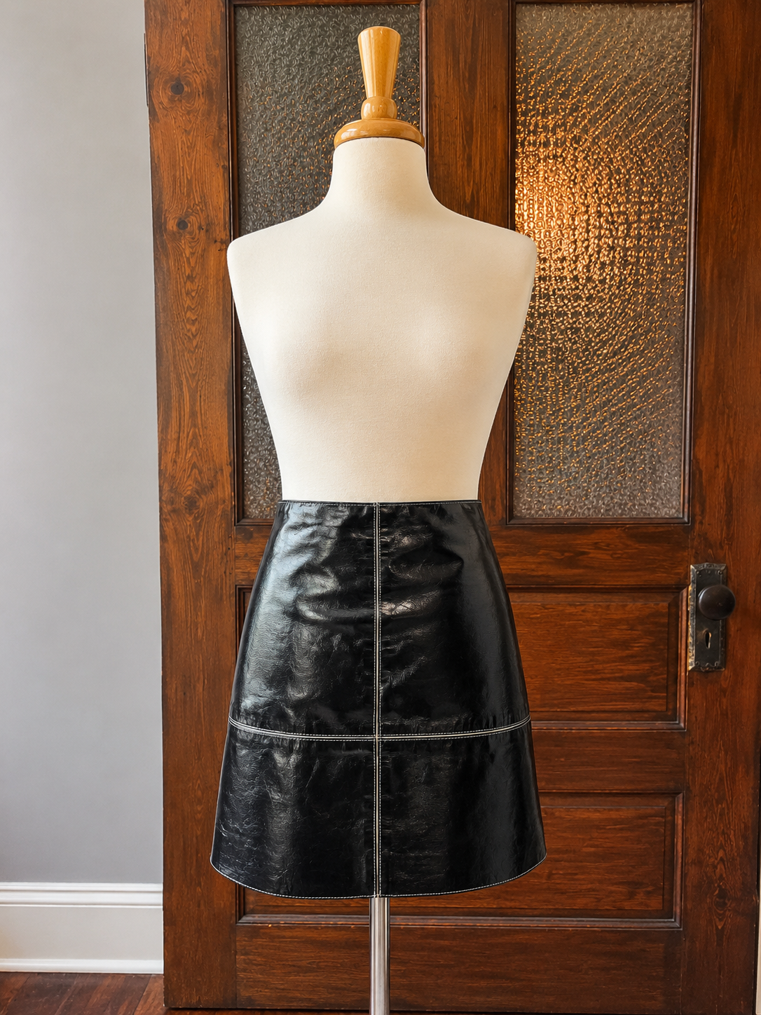 Vintage For Joseph Leather Skirt Black Genuine Leather Mini Y2K Contrast Stitch