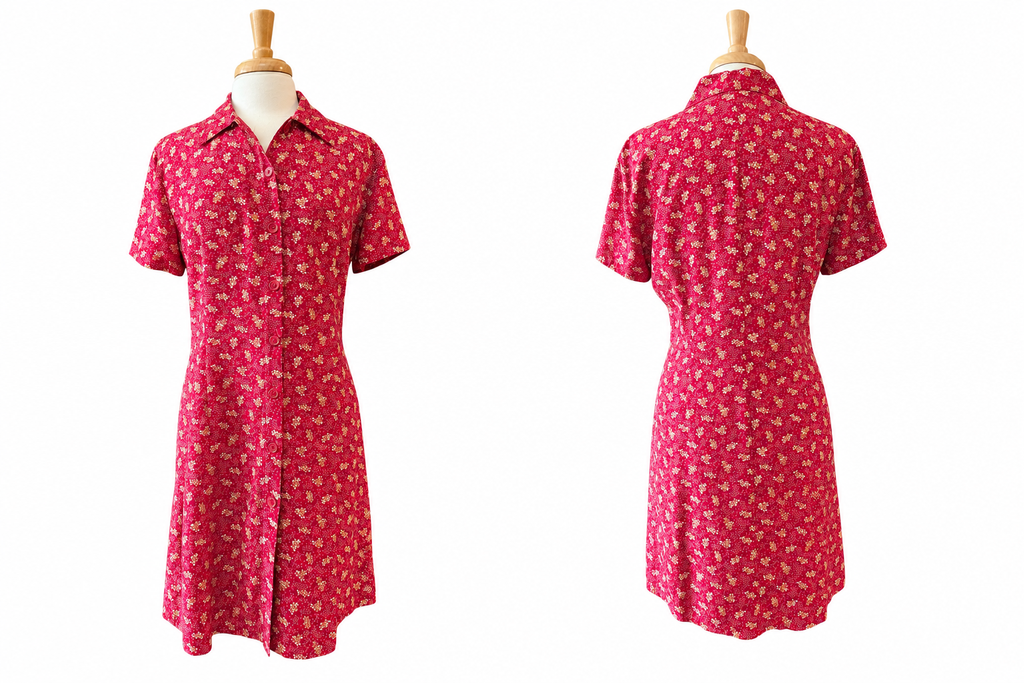 Vintage 90s GAP Red Floral Rayon Button Front Shirt Dress Women's L