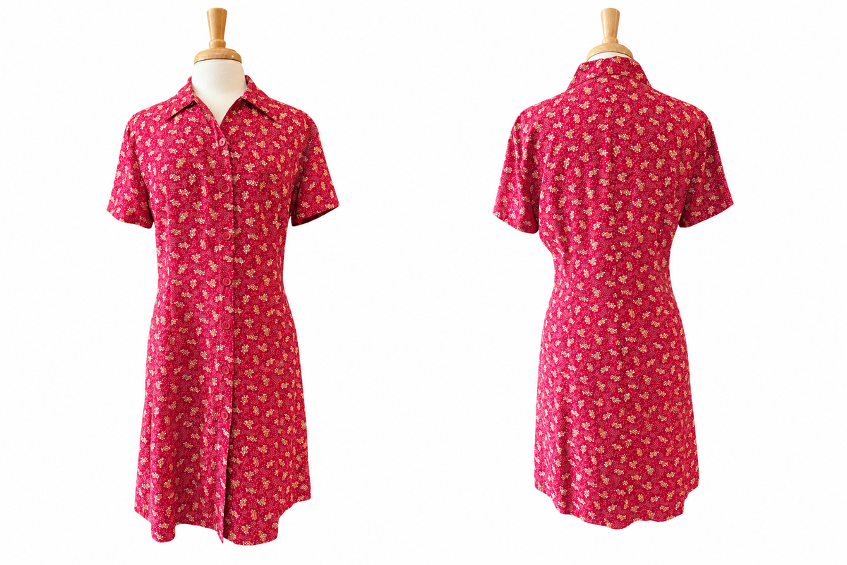 Vintage 90s GAP Red Floral Rayon Button Front Shirt Dress Women's L