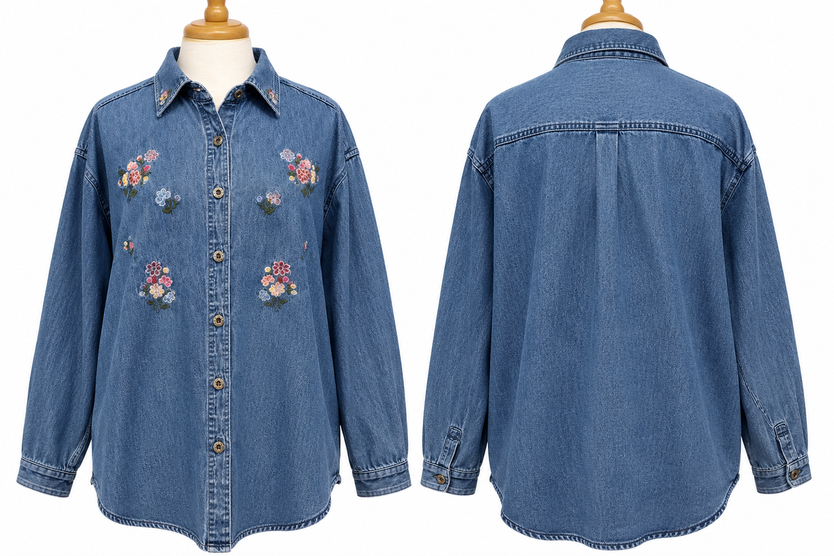 Vintage 90s Premier International Floral Embroidered Denim Shirt XL
