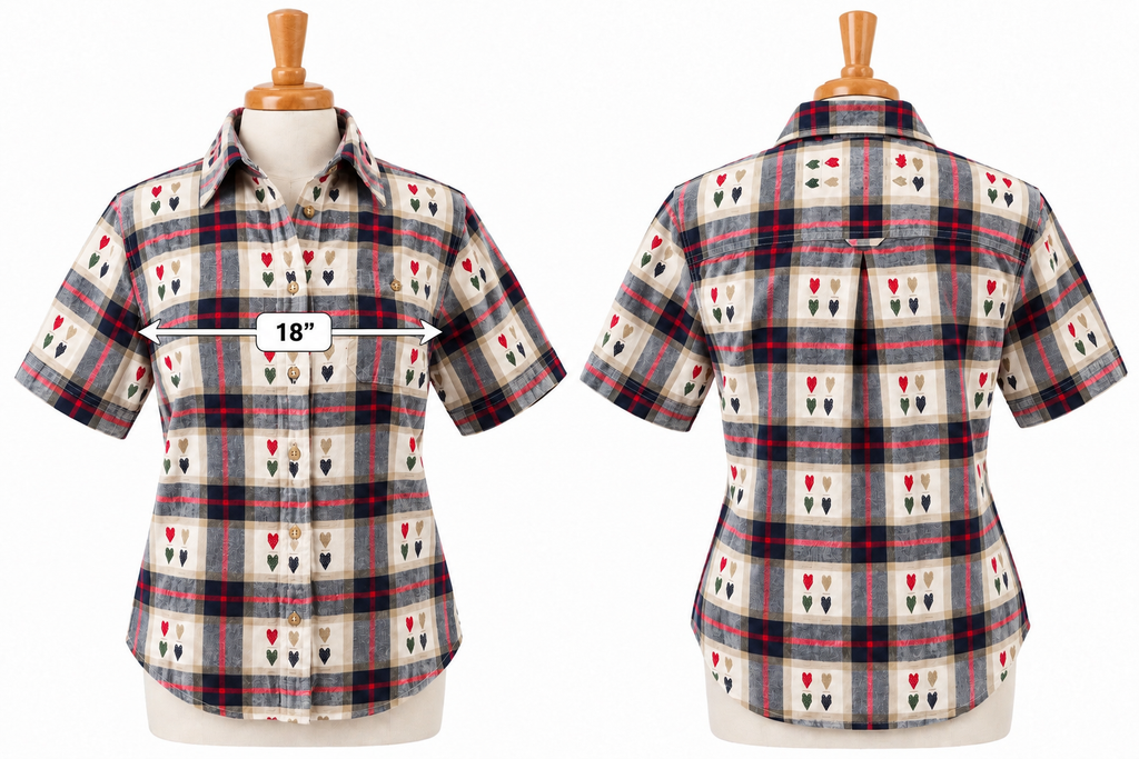 Vintage Bobbie Brooks Plaid Embroidered Heart Short Sleeve Shirt Women's Small