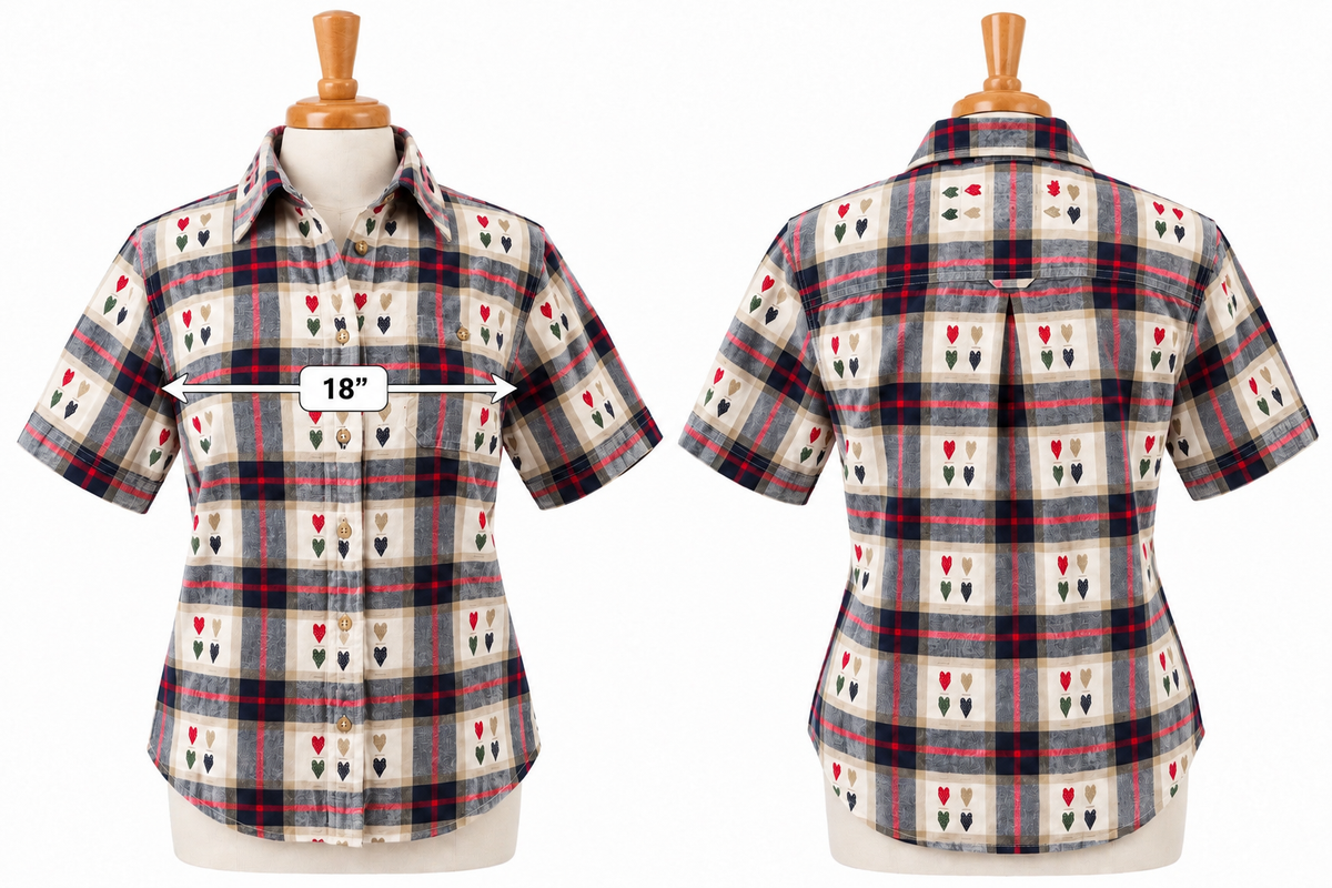 Vintage Bobbie Brooks Plaid Embroidered Heart Short Sleeve Shirt Women's Small