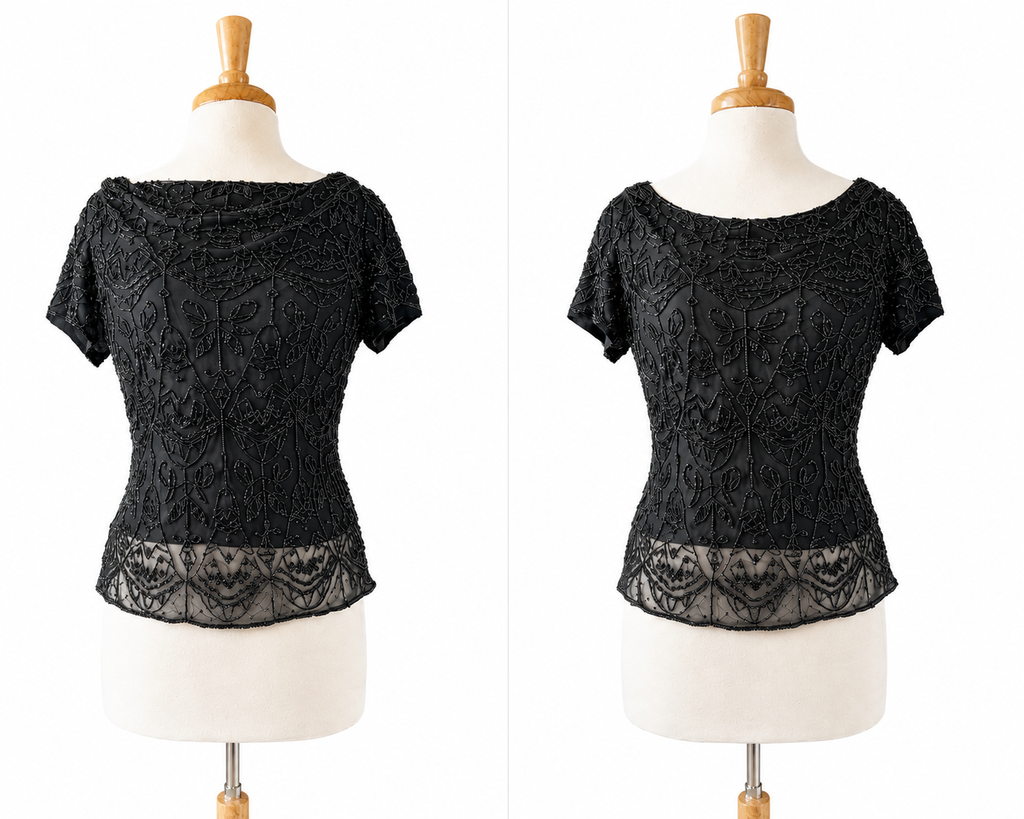 Vintage Paradise NY 100% Silk Beaded Top Black Sheer Evening Blouse Women's M