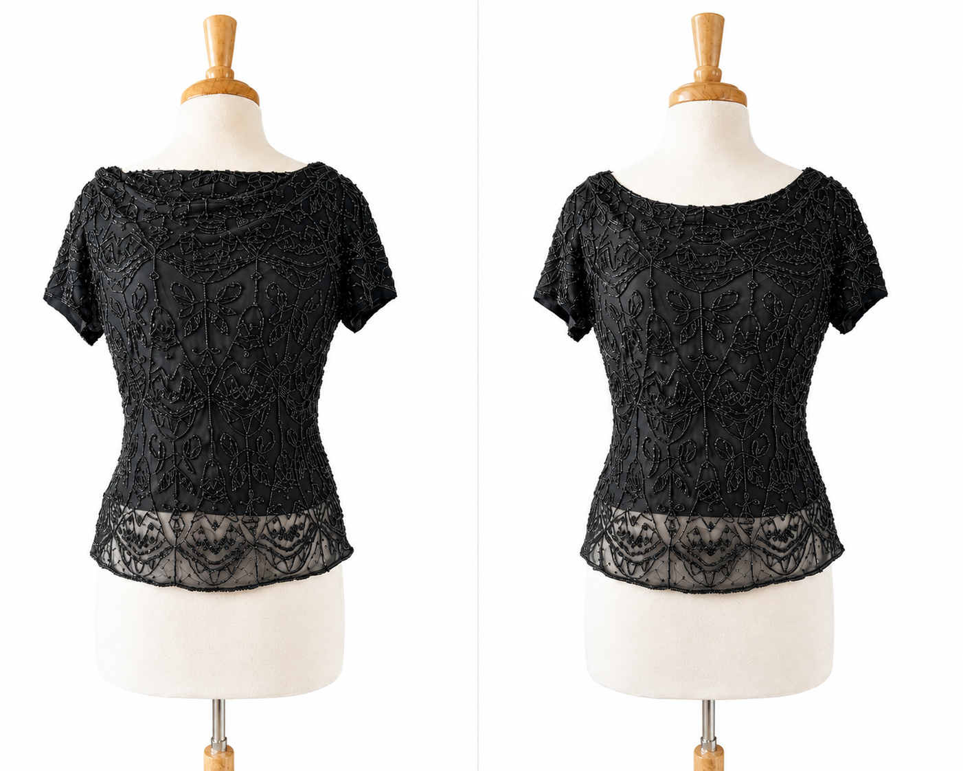 Vintage Paradise NY 100% Silk Beaded Top Black Sheer Evening Blouse Women's M