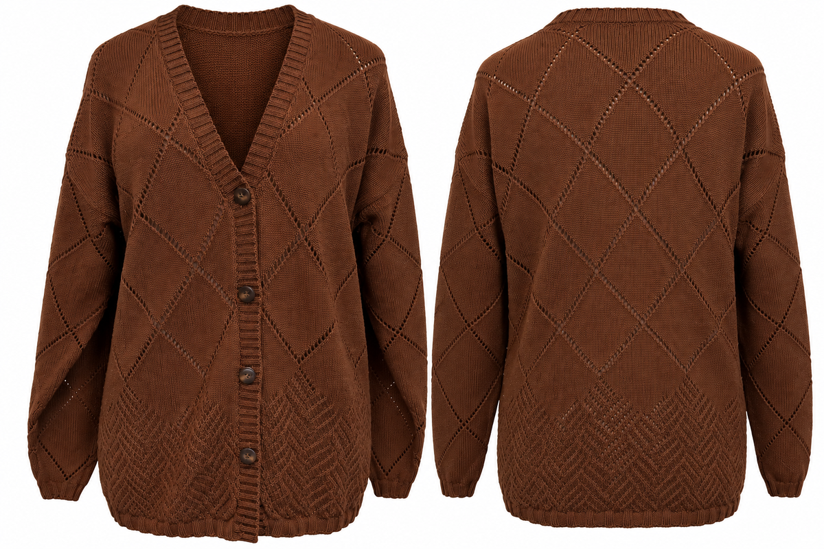 Vintage 80s Evan Picone Cardigan Womens L Brown 100% Cotton Open Knit Hong Kong