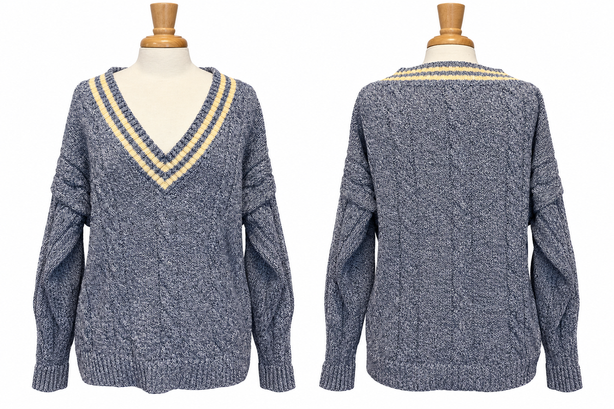 Vintage IZOD Navy Marled Cotton Varsity V-Neck Sweater Large Made in USA