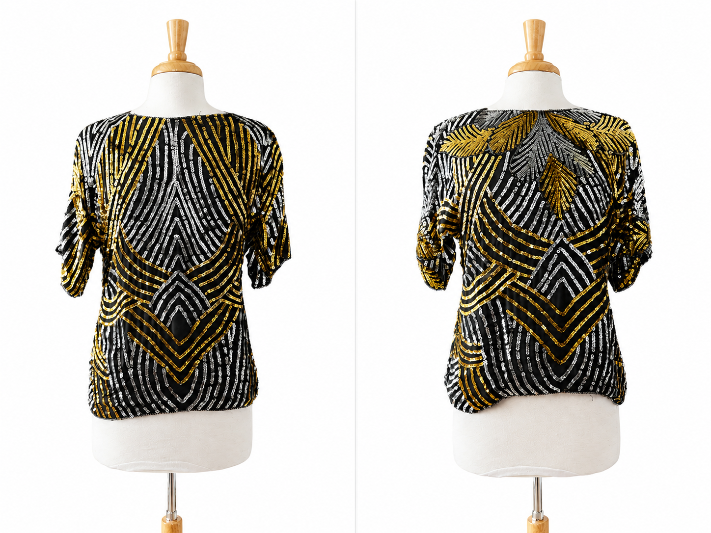 Vintage Joseph Le Bon 100% Silk Sequin Top Women's M Black Gold Silver Beaded Art Deco