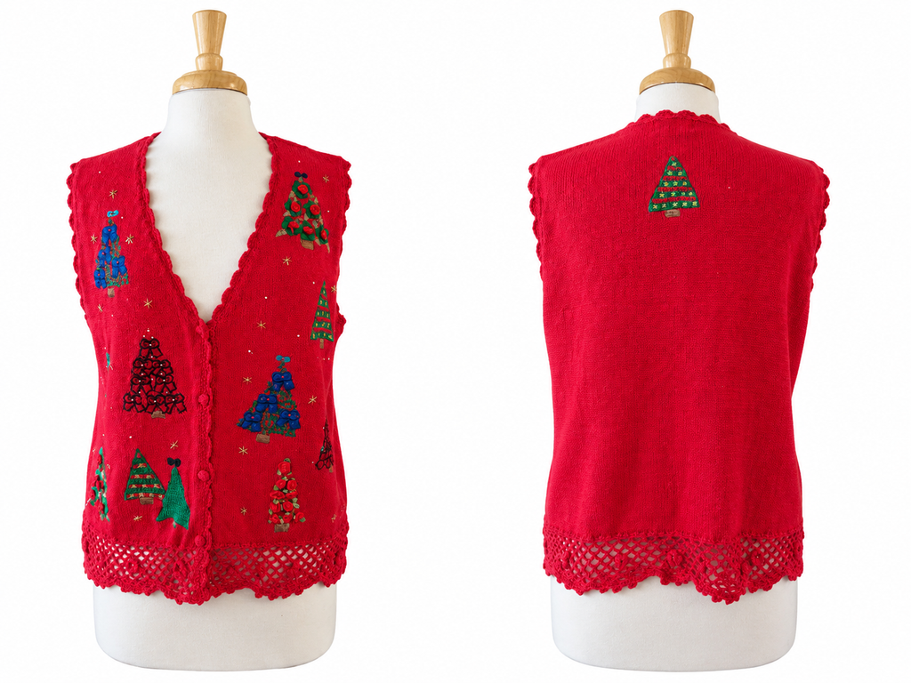 Vintage 80s Designers Originals Christmas Sweater Vest Embroidered Trees Red