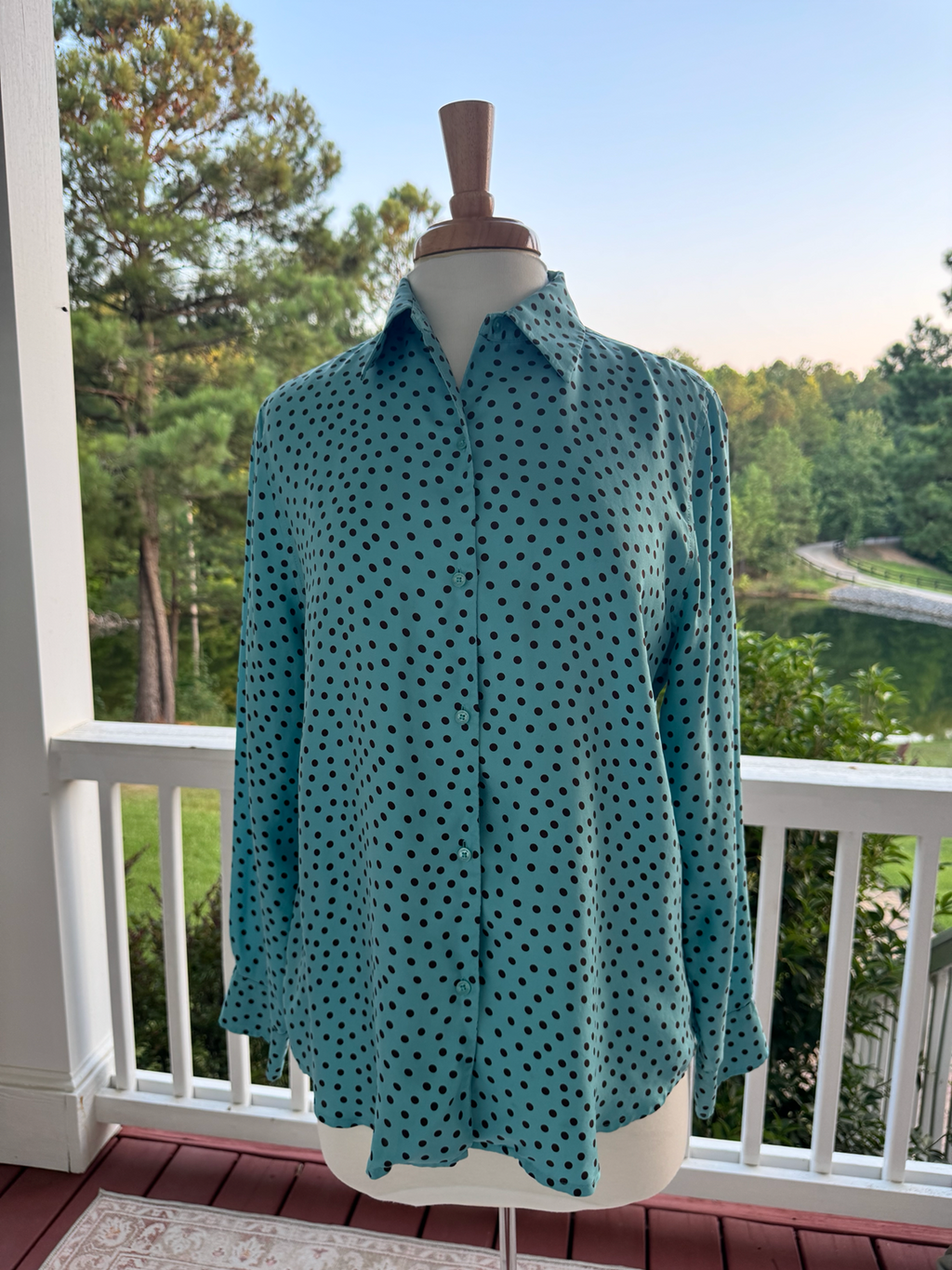Jones New York Signature 100% Silk Blouse Women's Large Teal Polka Dot Blouse
