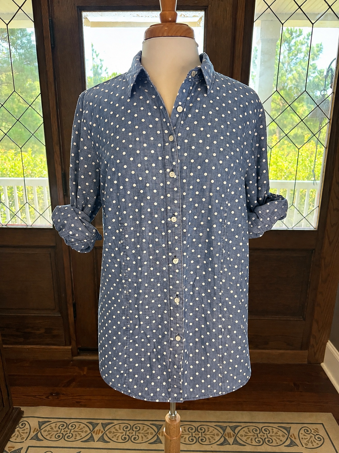Talbots Women's 16W Chambray Polka Button Down Shirt 100% Cotton
