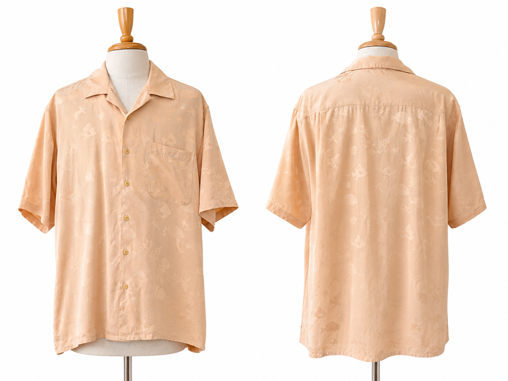 Riscatto Men's XL 100% Silk Peach Jacquard Tropical Fish Camp Shirt