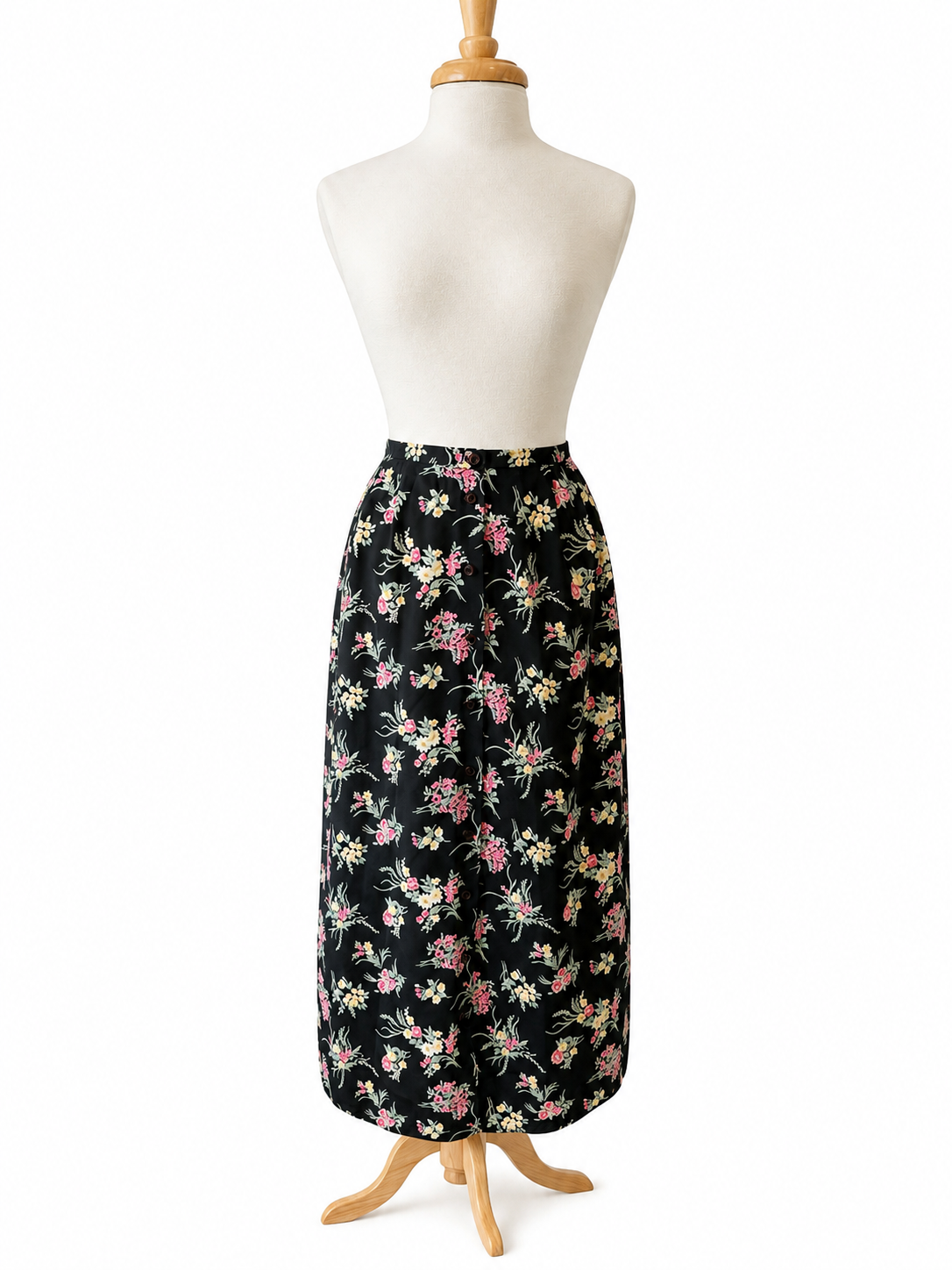 Vintage 1990s N Touch Black Floral Button-Front Maxi Skirt Size 14