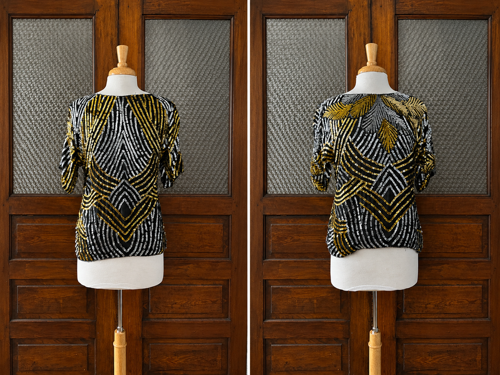 Vintage Joseph Le Bon 100% Silk Sequin Top Women's M Black Gold Silver Beaded Art Deco