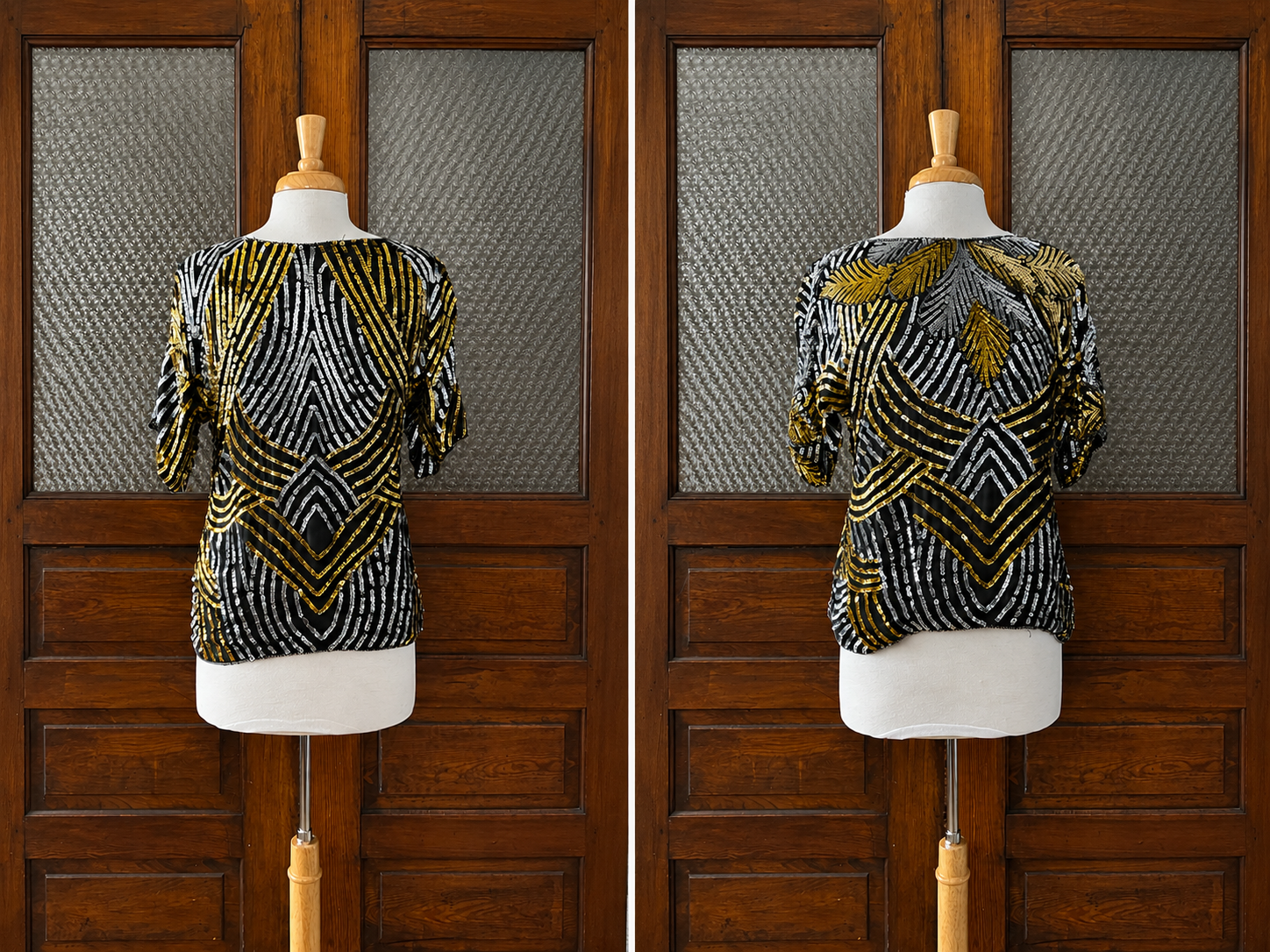 Vintage Joseph Le Bon 100% Silk Sequin Top Women's M Black Gold Silver Beaded Art Deco