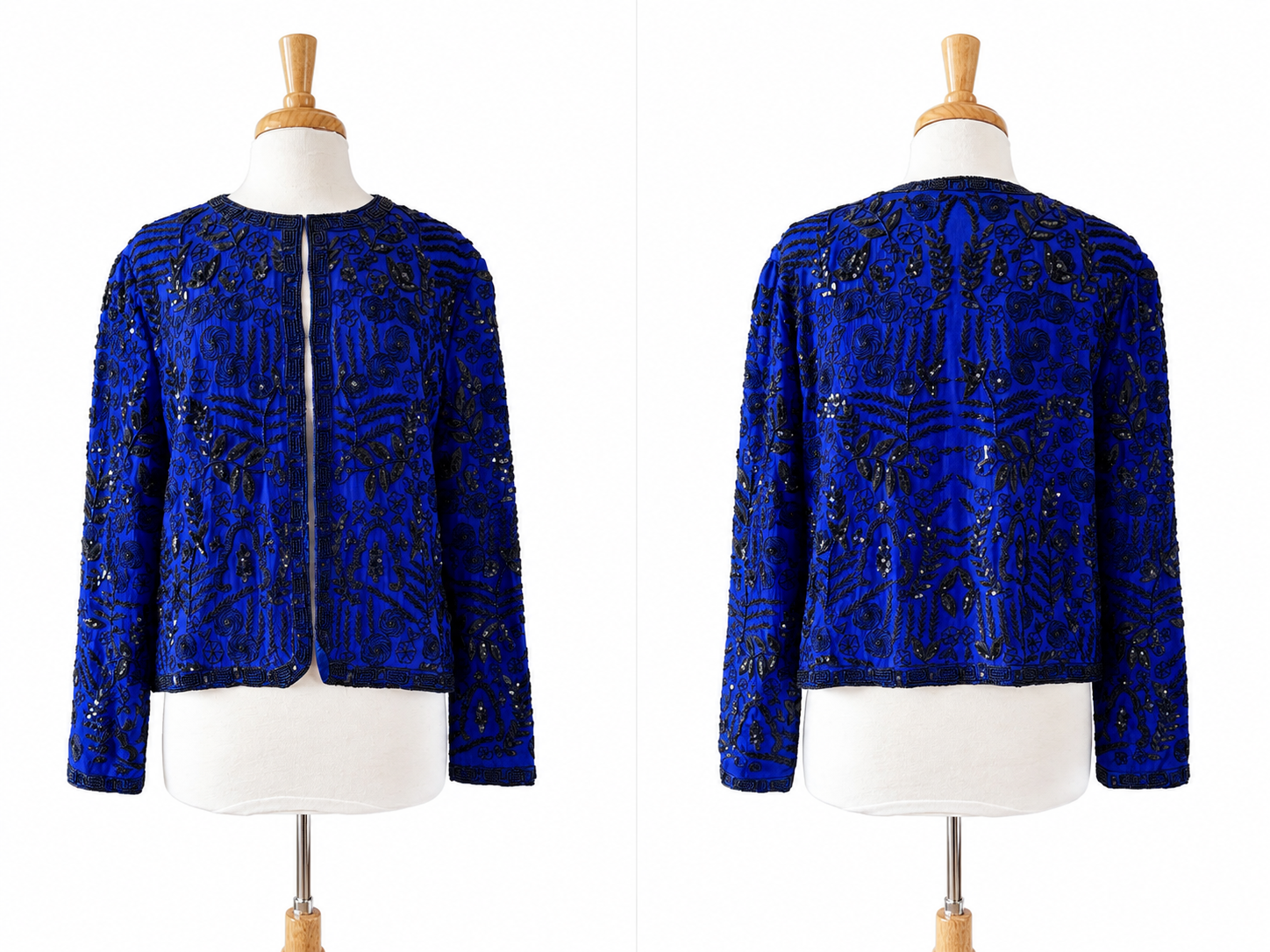 Vintage Scala Silk Beaded Sequin Jacket Blue Black Evening Part Art Deco M