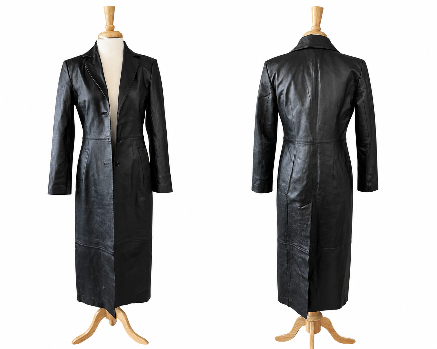 Vintage Newport News Genuine Leather Full Length Trench Coat Black 1990s