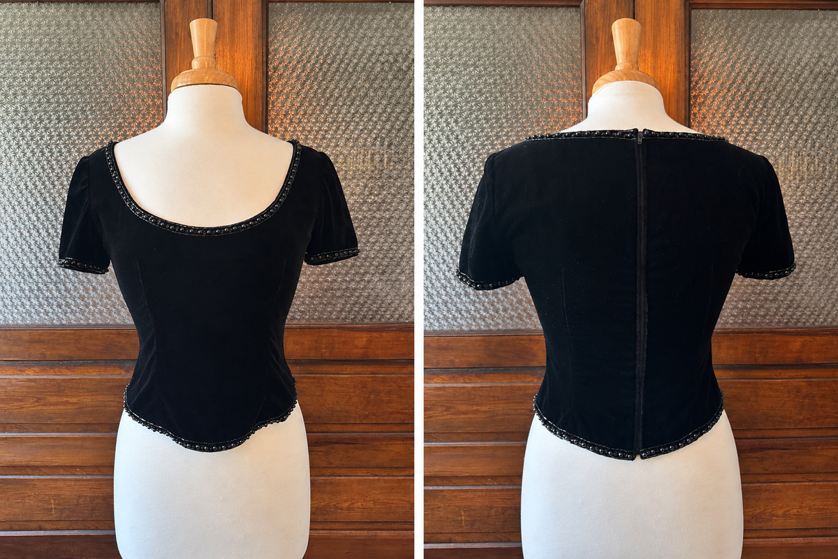 Vintage 80s VIE Victoria Royal Black Velvet Beaded Corset Top Size 6